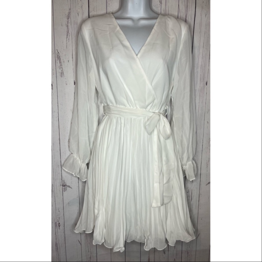 Women’s Size Small White Chiffon Faux Wrap Dress Long Sleeve